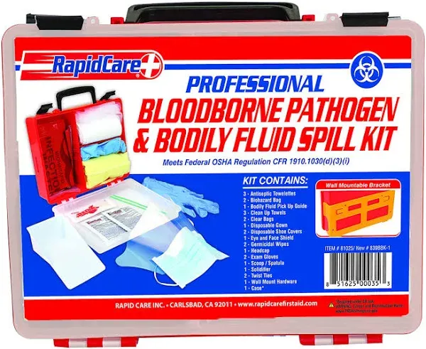 Rapid Care First Aid 839BBK-1 Premium Bloodborne Pathogen & Bodily Fluid Spill Kit, OSHA Compliant, Wall Mountable, 10" x 8" x 3 1/2"