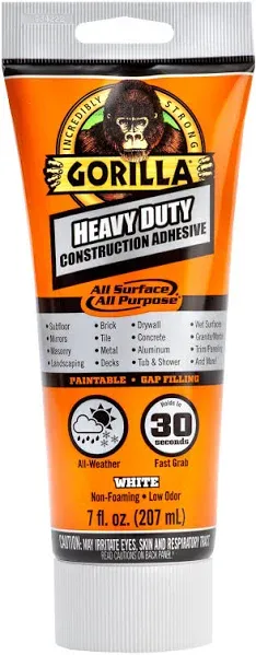 Gorilla Heavy Duty Construction Adhesive, 2.5 Ounce Squeeze Tube, White