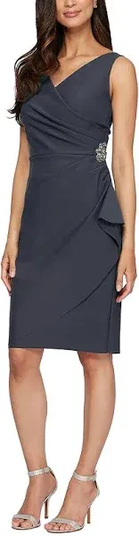 Alex Evenings V Neck Sleeveless Brooch Side Tiered Zipper Back Dress