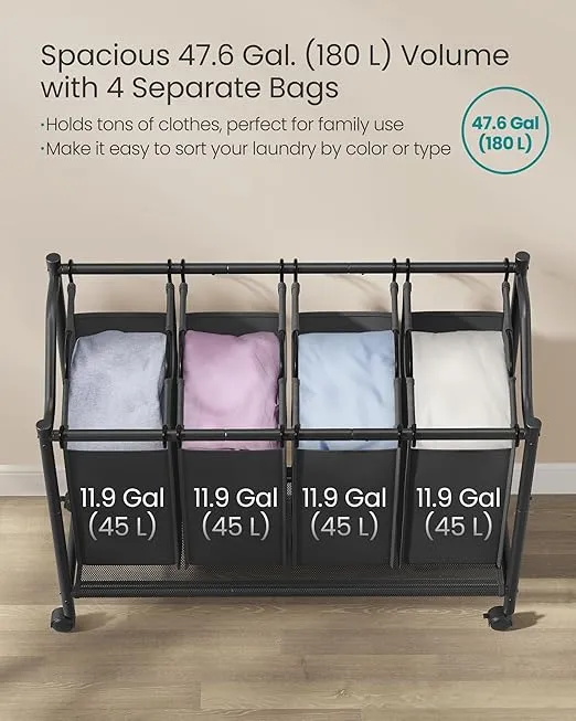 SONGMICS Laundry Sorter, Rolling Laundry Basket with 4 Removable Bags, Laundry Hamper, Laundry Cart, for Laundry Room, Bedroom, Bathroom, 4 x 11.9 Gallons, Ink Black URLS103B01