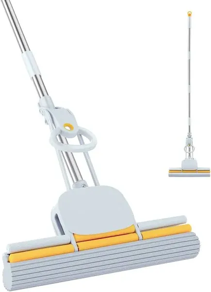 PVA Sponge Mops for Floor Cleaning Squeeze with 60" Long Handle, Self Wringing Mop with 15" Head for Kitchen Bathroom Tiles, Sponge Mops for Floor Cleaning with Wringer DUDTO