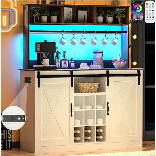 Vinctik 6&Fox Farmhouse LED Coffee Bar w/60000-color Lights,Power Outlet,7 Hooks,9Wink Racks,Adjustable Shelf for Tea Liquor Wine.Sliding Glass Door