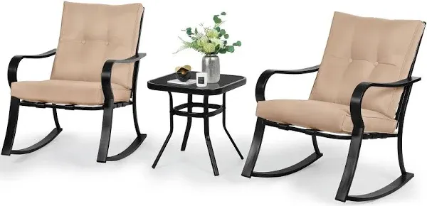 Solaura 3-Piece Outdoor Rocking Chairs Bistro Set Black Iron Patio Furniture Thickened Cushion & Glass-Top Coffee