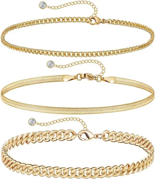 DEARMAY Gold Ankle Bracelets for Women Waterproof 3Pcs 14K Gold Plated Anklets Layered Cuban Link Chain Herringbone Dainty Cute Anklets Set Pack