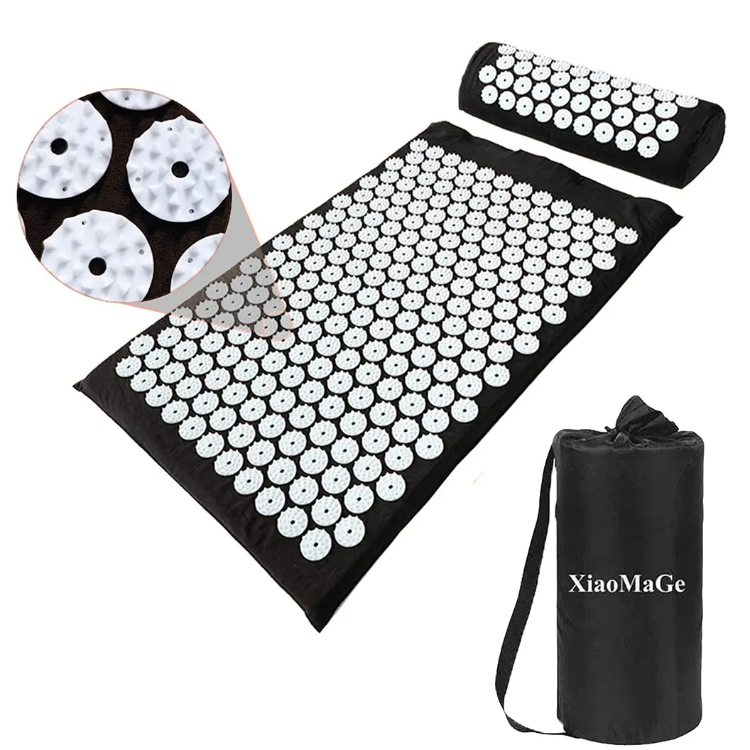 XiaoMaGe Acupressure Mat and Pillow Set with Bag - Large Size 28.7 X 16.5 inch Acupuncture Mat for Neck & Back Pain, Muscle Relaxation Stress Relief, Sciatica Pain Relief Pillow (Black)