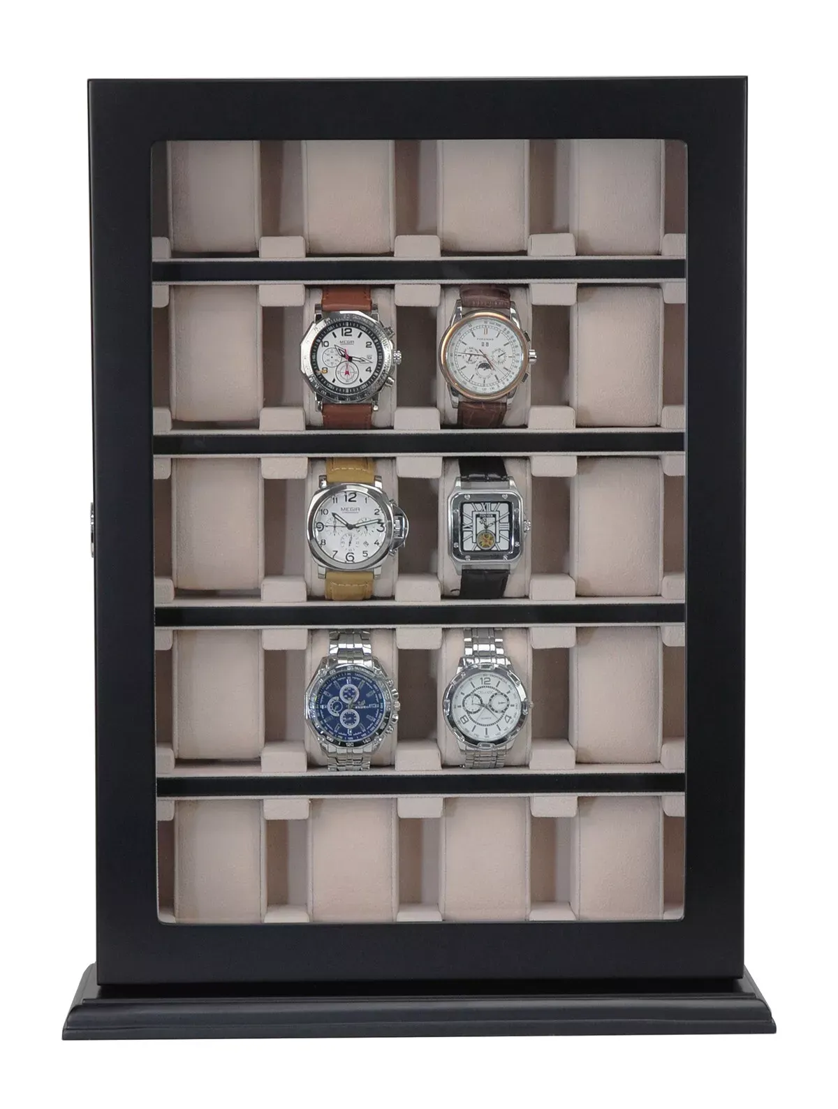 20 Piece Black Ebony Wood Watch Display Wall Hanging Case and Storage Organizer