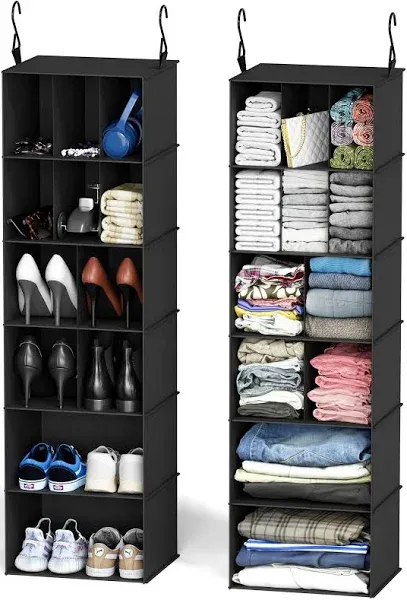 SpaceAid 2 Pack Hanging Closet Organizer and Storage with Dividers, 24 Compartments Hanging Shoe Shelves for Closet, Wardrobe, RV, Garment Rack - Blac