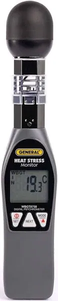 General Tools Hand-held Heat Stress Monitor #WBGT8758, 32° to 122° F, 0 to 100% RH, 35 x 40 mm Brass Black Ball