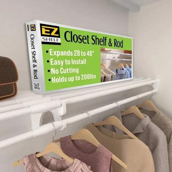 EZ SHELF- Closet Shelf with Hanging Rod, Expands 40.5-73", White, Closet Shelves Hold 200 lbs, Easy Install Closet Organizer to 2 Side Walls, Alternate for Closet Wire Shelving & Laundry Room Shelves