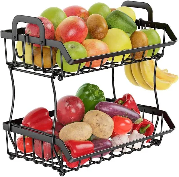 2 Tier Countertop Fruit Basket Bread Bowl for Kitchen, Stackable Wall Mounted Vegetable Potato Onion Storage Wire Basket with Banana Hangers, Black