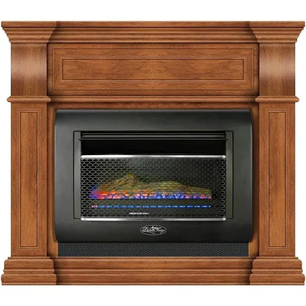 Duluth Forge Dual Fuel Ventless Gas Fireplace System with Mantle, Thermostat Control, 1 Fire Logs, Use with Natural Gas or Liquid Propane, 26000 BTU, Heats up to 1400 Sq. Ft., Toasted Almond Finish