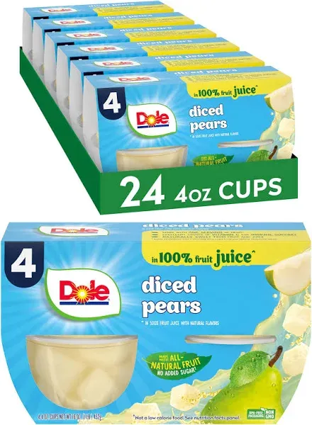 Dole Diced Pears in 100% Juice^ - Dole Fruit Bowls Snacks - 4 oz Fruit Bowls - 12 Pack