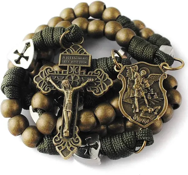 HanlinCC Large and Heavy Antique Bronze Metal Beads Rugged Durable Paracord Rosary Necklace with St.Michael Center Piece and Pardon Crucifix for Men