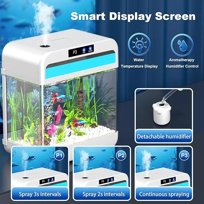 Fish Tank Aquarium 2.2 Gallon with Humidifier 7 Color Looping Light with Timer Self-Cleaning 3 in 1 Water Pump with Filteration & Oxygenation & Circulation, Temperature Display, HD Heat Bending Glass