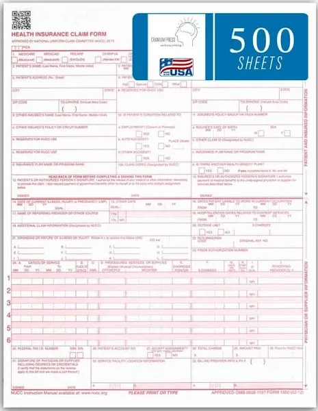 Aimoh SecurityDocs 500 CMS-1500 Health Insurance Claim Forms, Laser/Inkjet Compatible (HCFA Form 1500 Version 02-12) 8.5x11, 500 Forms (59211)