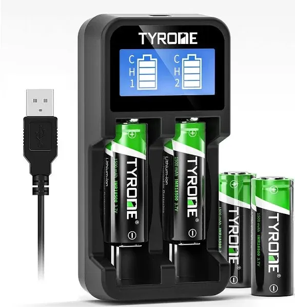 Tyrone 18500 Rechargeable Flat Top Batteries with Charger (4 Pack)