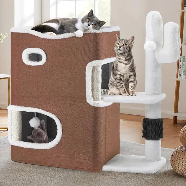 YIATHOME 2 Storey Cat House, Cat Beds for Indoor Cats, Small Cat Condo with Highway Cave, Scratch & Itching Post, Clmibing Stand, Modern Cat Cube Playhouse for Multi Kittens, Brown