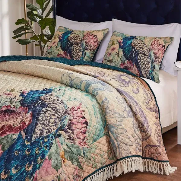 Barefoot Bungalow Eden Peacock Quilt Set, 2-Piece Twin/Twin XL, Ecru