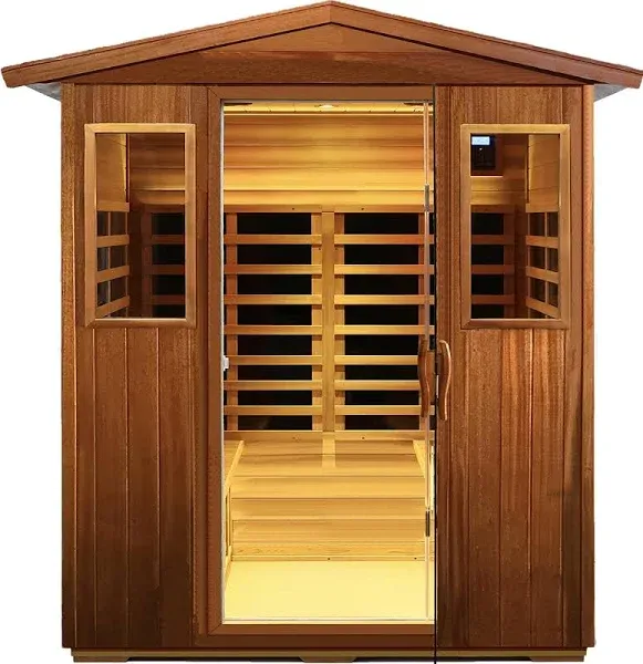 LTCCDSS Mahogany Outdoor Sauna 4 Person,Super Low EMF Far Infrared Sauna for Home, Withstand Outdoor Temp -10℉-149℉| EMF Readings Below 0.5mG, 12 Low EMF Boards-Chromotherapy-Bluetooth Speaker