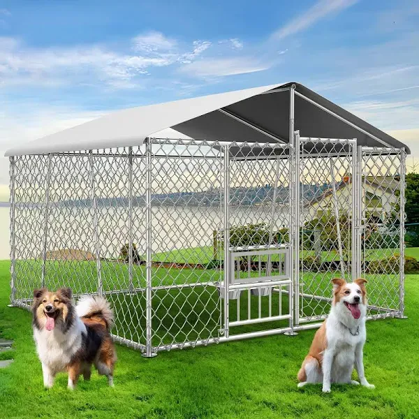 Upgraded 10x10x7FT Outdoor Dog Kennel with Roof and Bowls, Large Dog House Pen Enclosure with Sidebar, Heavy Duty Chain Link Dog Cage Run with Openable Feeding Doors