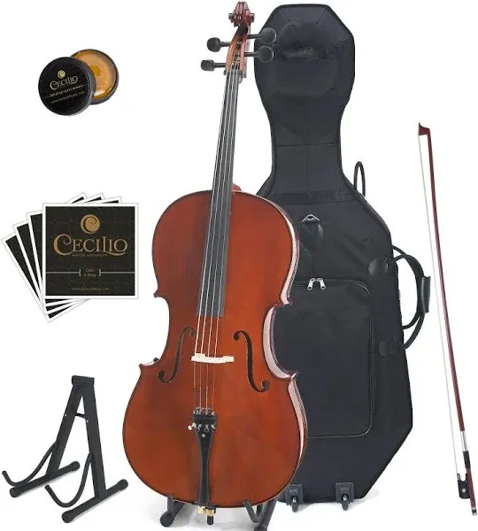 Cecilio CCO-500 Ebony Fitted Flamed Solid Wood Cello with Hard & Soft Case, Stand, Bow, Rosin, Bridge and Extra Set of Strings