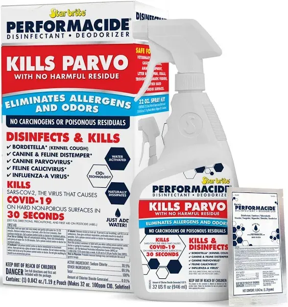 PERFORMACIDE No-Rinse Disinfectant / Deodorizer for Pet Surfaces | Kills Parvovirus, Ringworm, Feline Calicivirus, Avian Influenza (Bird Flu) Eco Friendly, Naturally Dissipates, Refillable, 32 OZ Kit