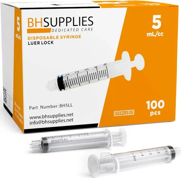 BH Supplies 5mL Luer Lock Tip Syringes (No Needle) - Sterile, Individually Wrapped - 100 Syringes