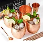 Moscow Mule Copper Mugs - Set of 4-100% Handcrafted Solid Copper Mugs Gift Set with 4 Copper Straws 1 Stirring Spoon 1 Copper Shot Glass 1 Straw