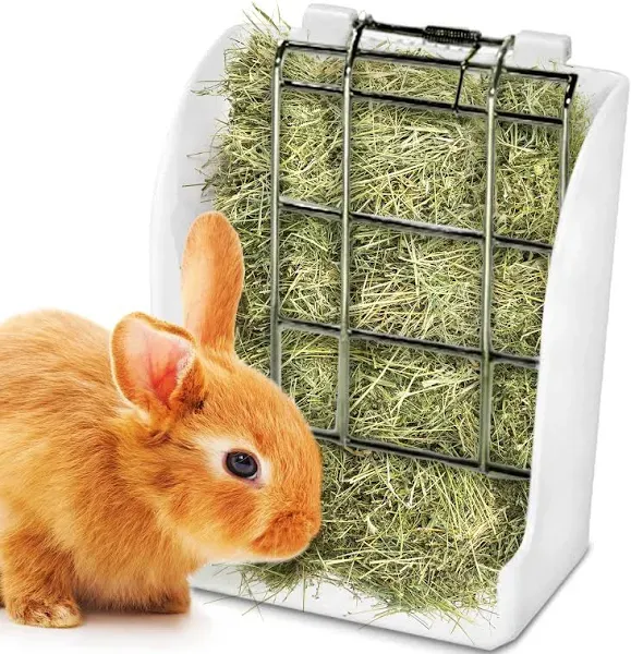 SunGrow Hay Feeder for Rabbits, Hamster, Chinchilla, Indoor Food Dispenser, No Mess Hay Rack Manger for Small Animals, Hanging Alfalfa and Timothy Hay Dispenser, Guinea Pig Cage Accessories, White