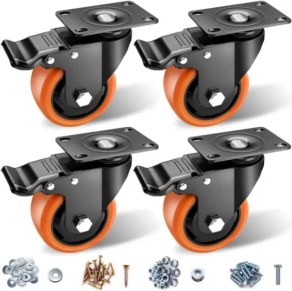 Casters, 3" Caster Wheels，Casters Set of 8 Heavy Duty - ASRINIEY Orange Polyurethane Castors, Top Plate Swivel Wheels, 8-Pack Industrial Casters with Brake, Locking Casters for Furniture and Workbench