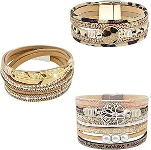 Wowanoo 3Pack Leather Cuff Bracelet Set Multilayer Wrap Bracelet Crystal Feather Tree Bracelet Magnetic Clasp Bracelet for Women