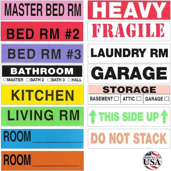 Moving Labels Color Coded (800 Count), 3-4 Bedroom Home Pack, Moving Supplies