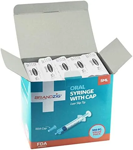 5ml Syringe With Cap (100 Pack) | Oral Dispenser Without Needle, Luer Slip Tip, | Individually Wrapped Medicine Dropper For Infants & Pets