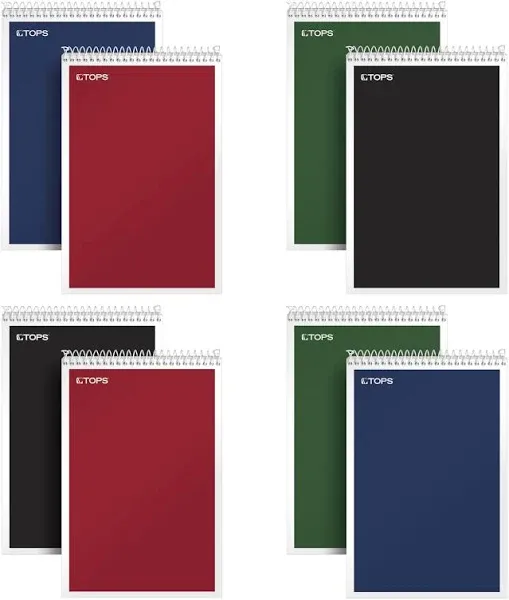 TOPS Spiral Steno Books 8 Pack, 6" x 9", Gregg Rule White Paper, Assorted Covers, 80 Sheets per Book/8 Books per Pack, Red, Black, Blue, Green (80219)