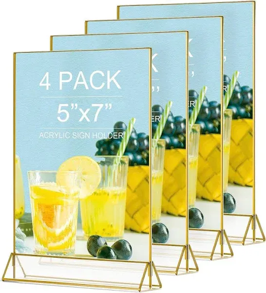 VORIOB Acrylic Sign Holder 5X7 Gold Frames,Clear Sign Holder,Table Sign Holder for Wedding Table Numbers Art Display 4Pack