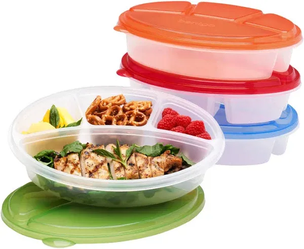 EasyLunchboxes - Oval Lunch Boxes - Reusable 4-Compartment Food Containers for Work, Travel and Meal Prep, Set of 4, (Jewel Brights)