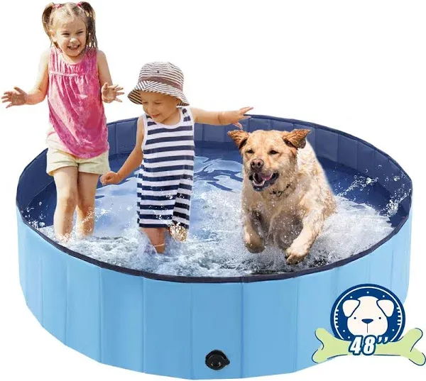 Foldable Dog Bath Swimming Pool Plastic Kiddie Pool Professional Tub Collapsible Grooming Bathtub for Pets Kids Baby and Toddler, 39.5 x 12 Inches Blue