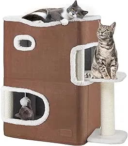 YIATHOME 2 Storey Cat House, Cat Beds for Indoor Cats, Small Cat Condo with Scratch Post, Hideaway Cave, Climbing Stand, Modern Cat Cube Playhouse for Multi Kittens, Brown