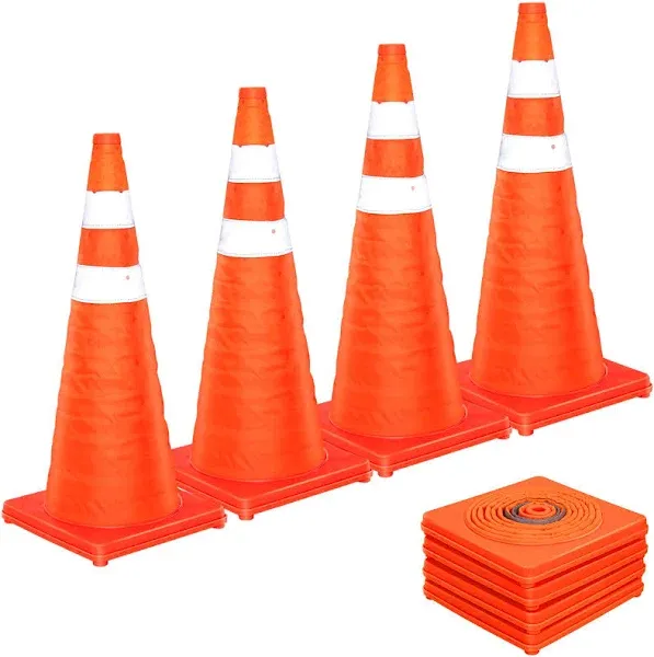 [4 Pack] Collapsible Traffic Cones 28 Inch, Traffic Safety Cones, Orange Traffic Cones, Collapsible Safety Cones with Reflective Collars, Parking Cones for Drivers Training Parking Lots by KAKO