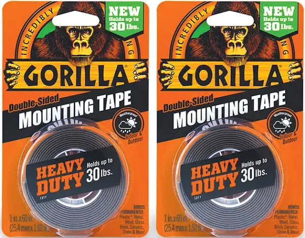 Gorilla - Heavy Duty Double Sided Mounting Tape; Weatherproof; 1" x 60"; Black; (Pack of 2)