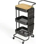 DTK 3 Tier Metal Utility Rolling Cart with Table Top and Side Bags, Tray Storage Organizer Wheels, Art Craft 4 Hooks for Kitchen Bathroom Office Livin