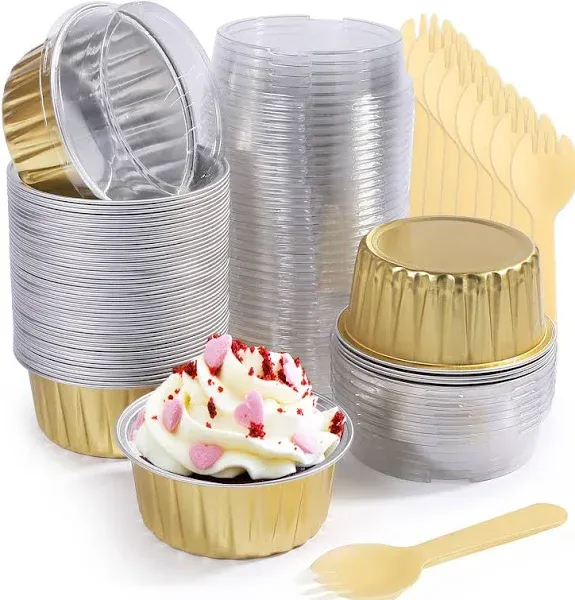 Aluminum Foil Baking Cups with Lids and Spoons, 5oz/125ml, 50Pcs Disposable C...