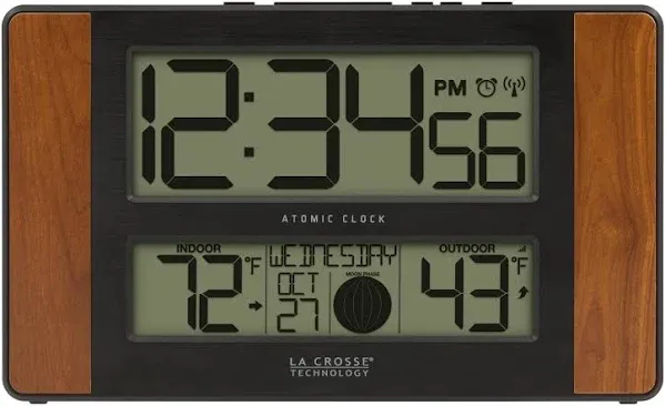 La Crosse Technology 513-1417CH-INT Atomic Digital Clock with Temperature and Moon Phase, 11.10"L x 1.14"W x 6.61"H, Cherry & Atomic Digital Clock with Outdoor Temperature, Wood Oak, 0