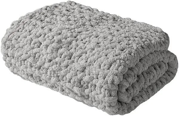 Chunky Knit Throw Blanket Hand Made Cozy and Large Chenille Loop Yarn Soft All-Season Fluffy Throw with Big Crochet 50" W X 60" L, Grey