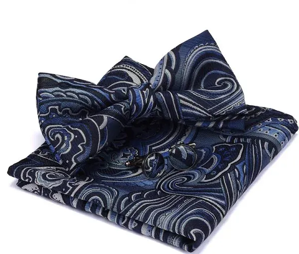 GUSLESON Paisley Adjustable Pre-Tied Bow Tie and Pocket Square Cufflink Set