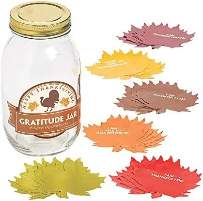 Give Thanks Gratitude Glass Jar with Write-On Paper Fall Leaves with Prompts 7&#034;H