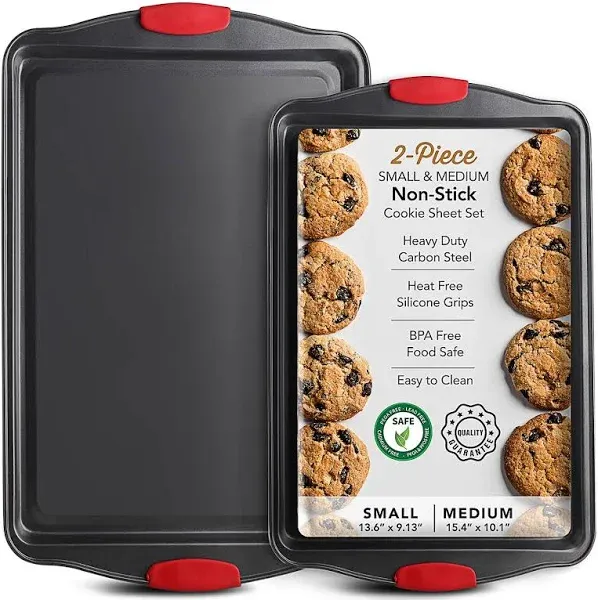 Baking Sheet Set, 2-Piece Cookie Sheet Set with Silicone Handles, Steel Baking Pan, Durable Baking Sheets for Oven, BPA Free Cookie Sheets for Baking Nonstick Set, Premium Sheet Pan, Black Baking Tray