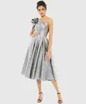 Mac Duggal One Shoulder Bow Midi Dress Silver Size 16