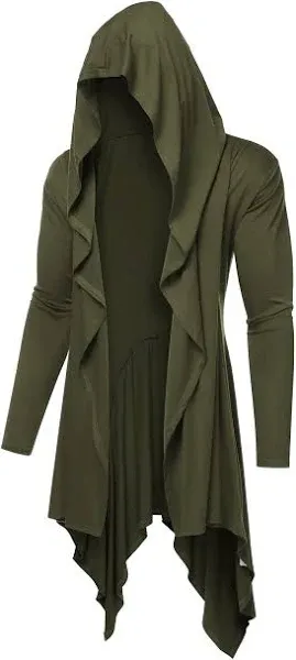 COOFANDY Long Hooded Cardigan Ruffle Shawl Collar Open Front Lightweight Drape Cape Overcoat with Pockets