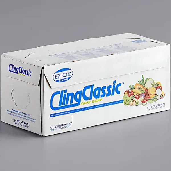 Cling Classic Plastic Wrap 12 in x 2000 ft Food Stretch Film Roll Clear ZipSafe Blade Cutter Easy to Cut Dispenser PVC BPA-Free Microwave & Freezer Safe Seal Home Commercial Use (12" x 2000')